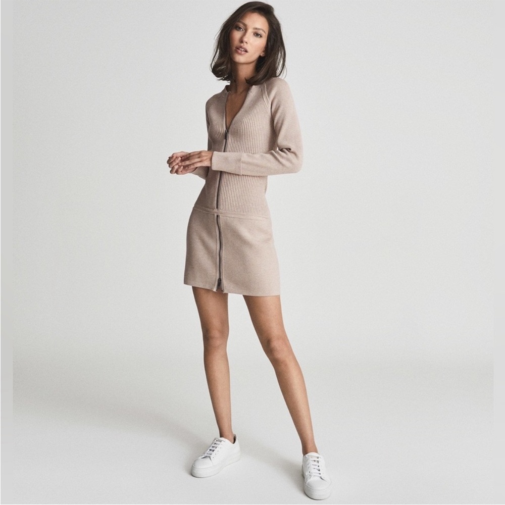 Reiss NEW Ashleigh Knitted Bodycon Dress With Zip Detail in Neutral Beige medium